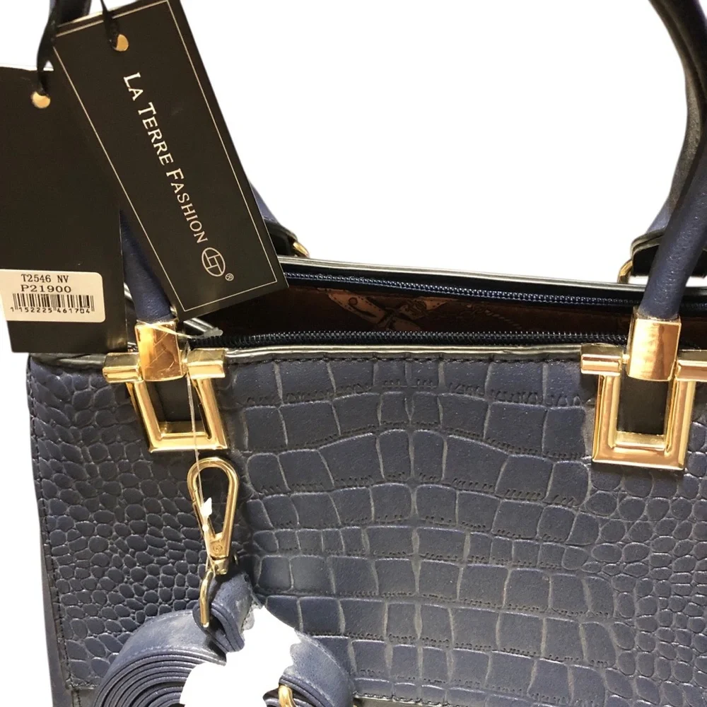 LA‎ TERRE FASHION N.W.T. RARE Croc-Accent Satchel Handbag.Navy Blue/Gold Leather